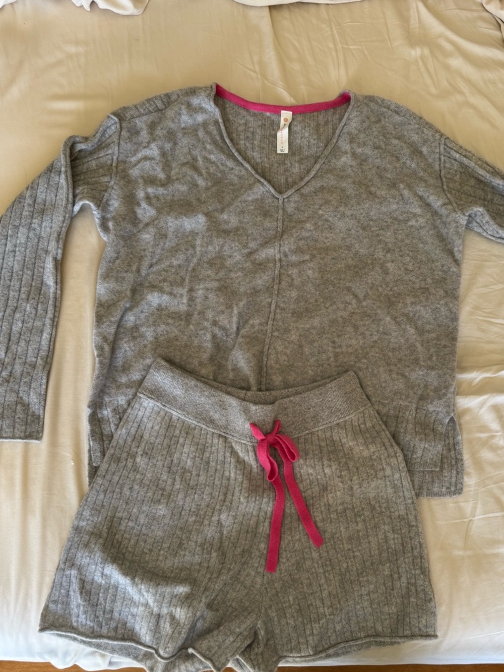 Cozy Grey Knit Loungewear Set with Pink Trim size Small